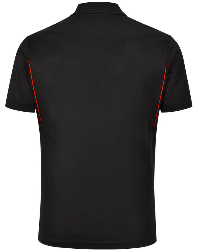 A black men's polo shirt featuring contrast red piping on the sides and a small logo on the chest.