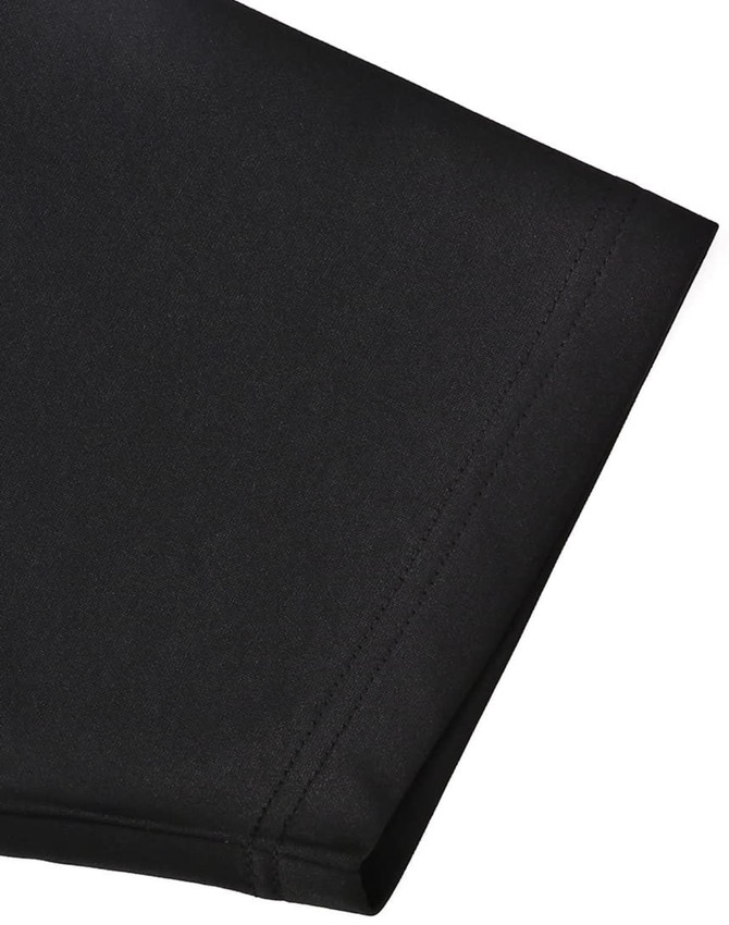 A close-up of the sleeve of a black sustainable poly/cotton polo shirt featuring a logo.