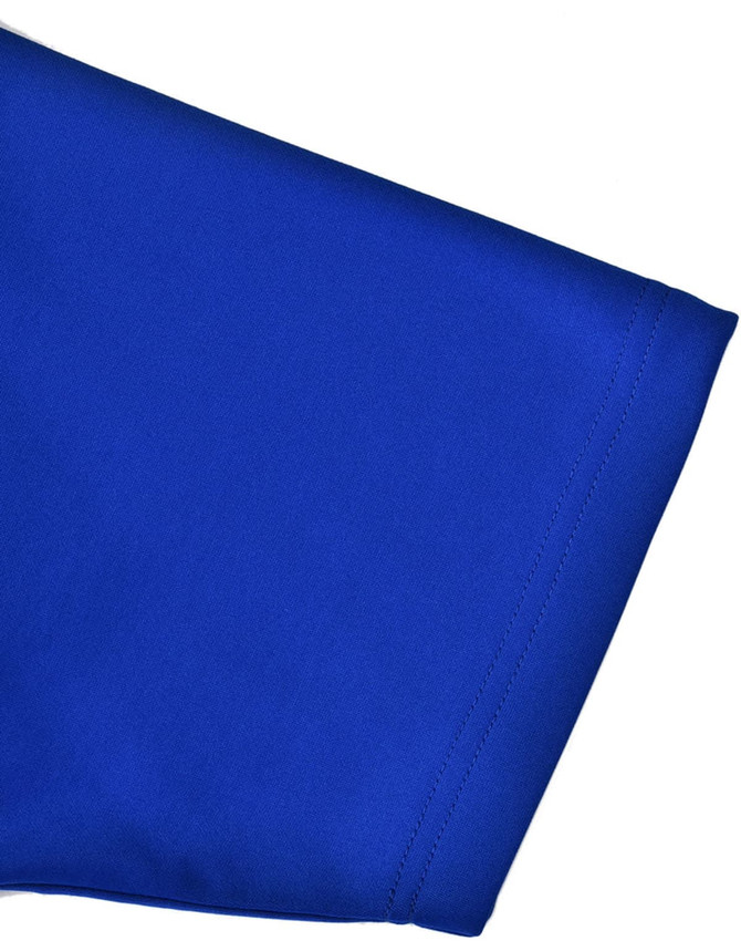 A vibrant blue short-sleeve polo shirt made from sustainable poly/cotton blend, featuring a contrasting detail and logo.