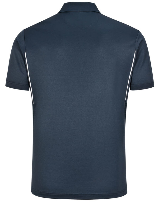 A dark navy blue men's sustainable poly/cotton polo shirt with contrasting white accents. Features a collar and short sleeves.