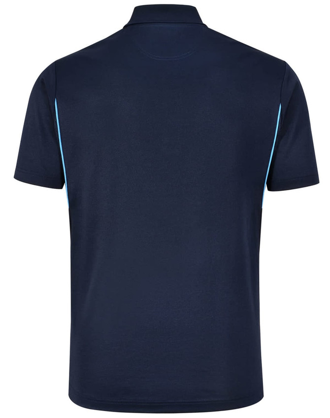 A navy blue men's polo shirt with short sleeves and contrasting light blue side accents. Features a logo.