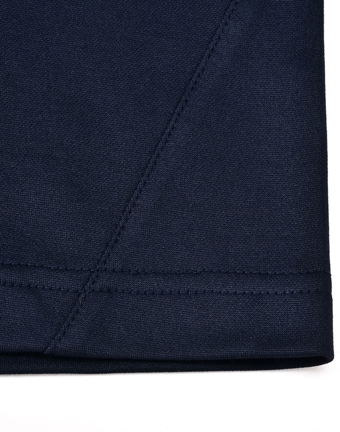 A navy polo shirt featuring a contrasting sleeve and collar design, with visible stitching details.