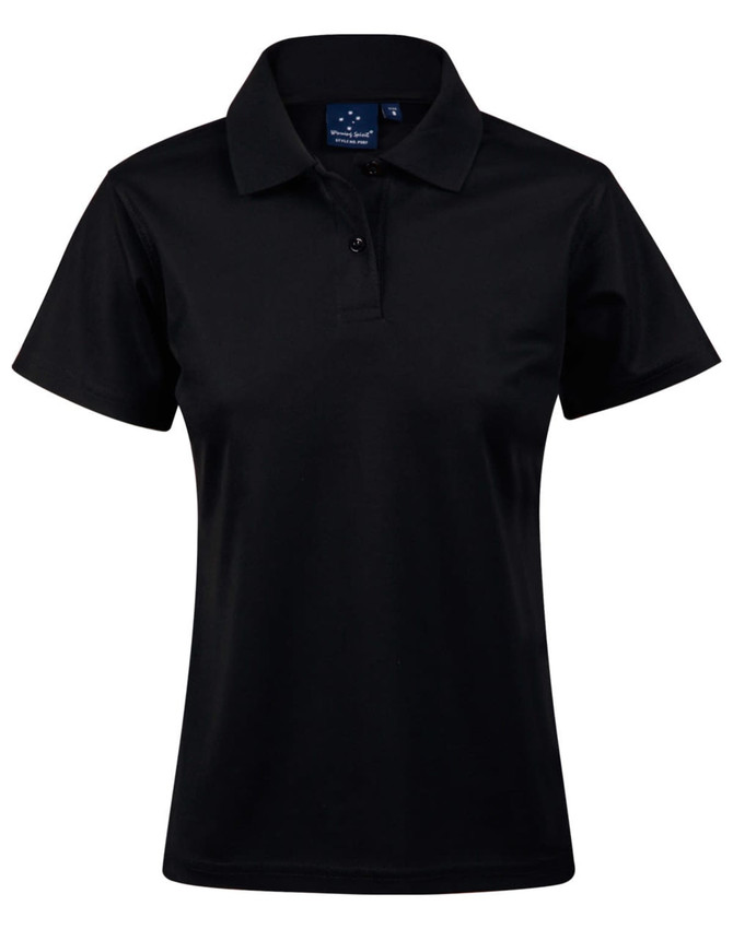 Black ladies' short-sleeve polo shirt with a classic collar and branded label. 