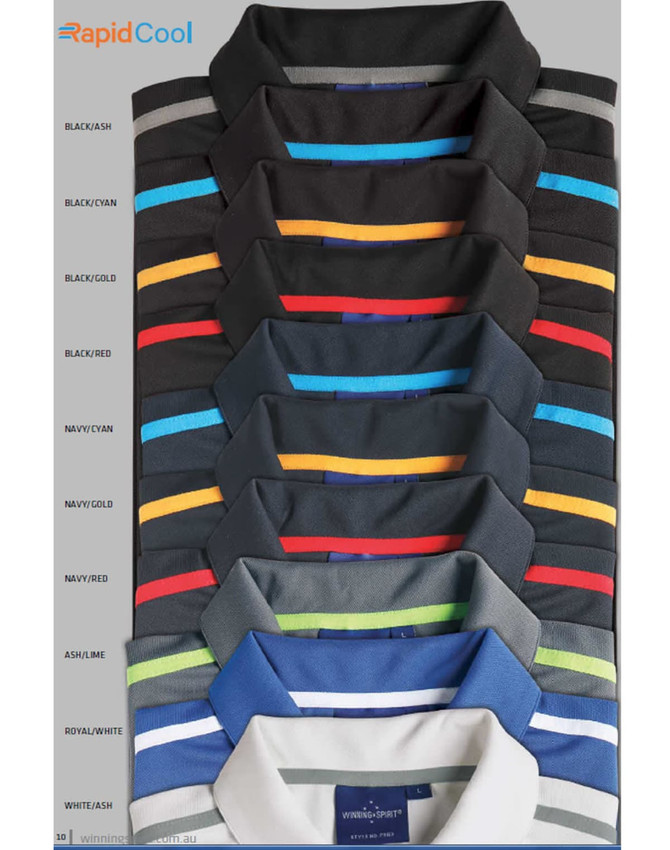 A stacked display of various men's short sleeve polo shirts in multiple colours, featuring contrasting stripes and a logo.