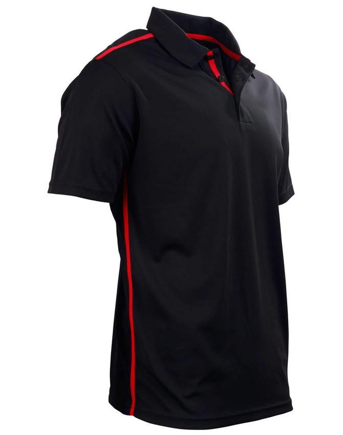 A black short sleeve polo shirt with contrast red detailing and a logo on the chest.