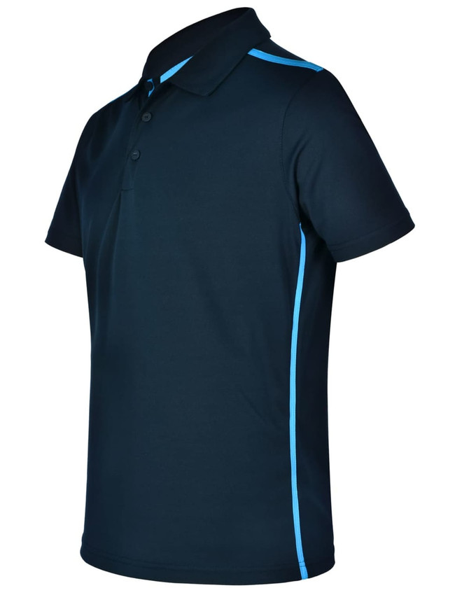 A navy blue short sleeve polo shirt with contrasting light blue side stripes and a logo on the chest.