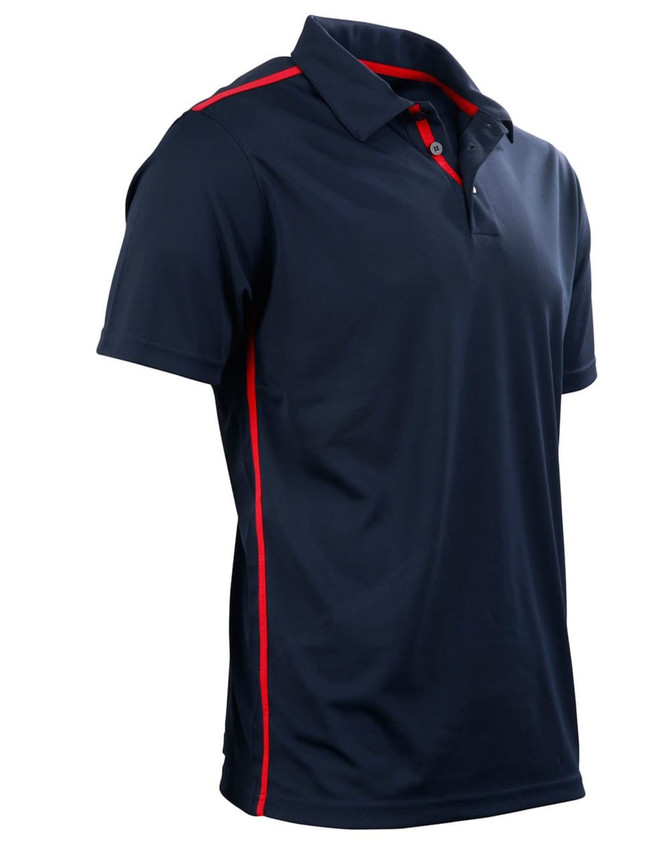 Men's rapid cool short sleeve polo in navy with red contrast stripes. Features a logo on the chest.