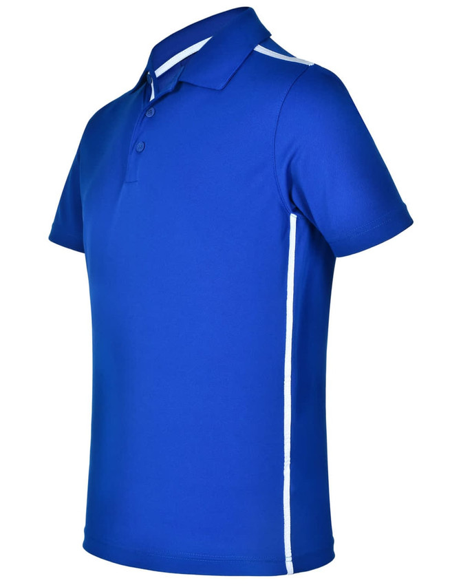 A blue short sleeve polo shirt featuring white contrast stripes and a logo.