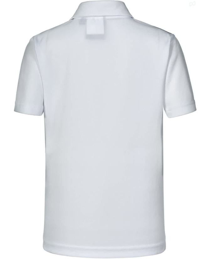 A white kids' short sleeve polo shirt featuring a collar and a logo on the back.