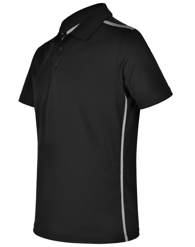 A black short sleeve polo shirt featuring contrast grey side panels and a collar, with a logo on the chest.