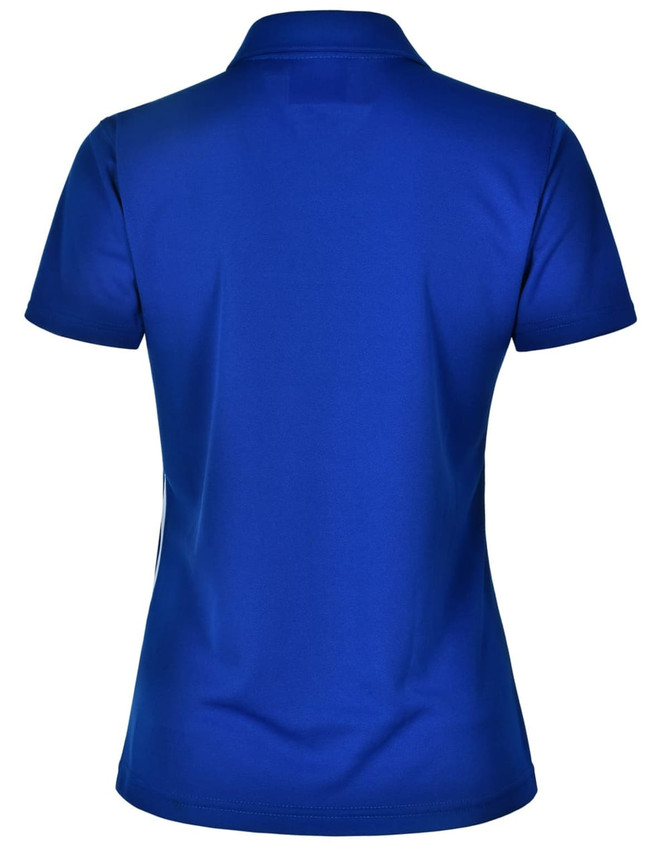 A blue ladies' short sleeve polo shirt featuring a contrast collar and a logo.