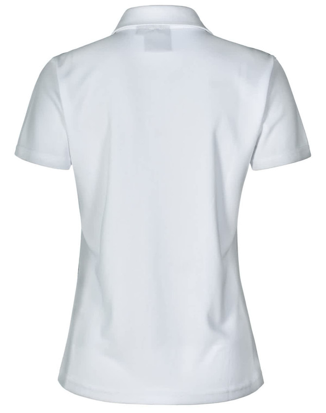 A white women's rapid cool short sleeve polo shirt with a collar and a logo on the back.