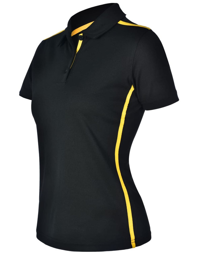 A black ladies' polo shirt with short sleeves and yellow contrasting stripes, featuring a collar and a branded logo.