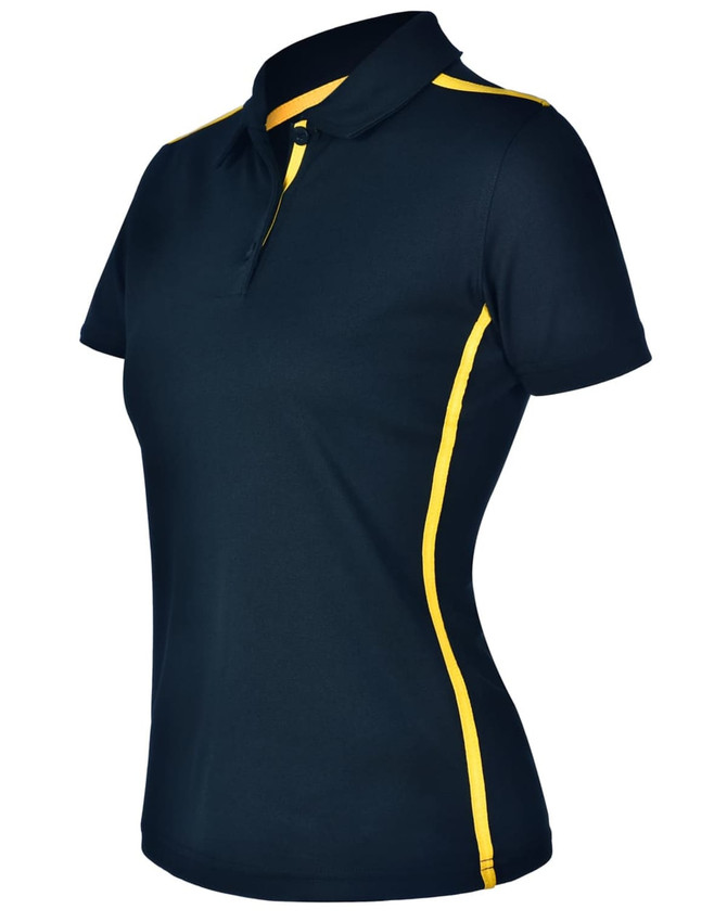 A navy short sleeve polo shirt with contrasting yellow side panels and a collar, featuring a logo.