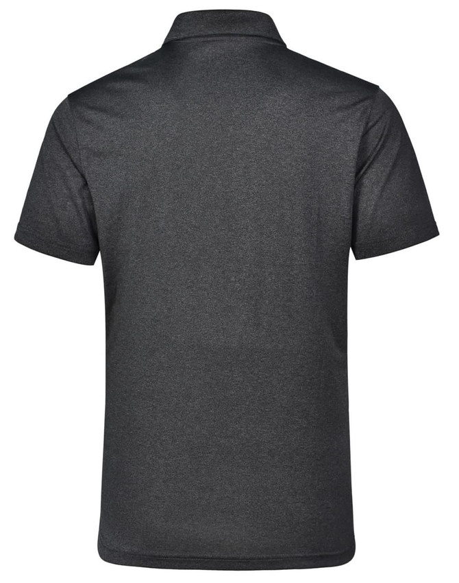 A dark grey men's short sleeve polo shirt featuring a collar and a logo.