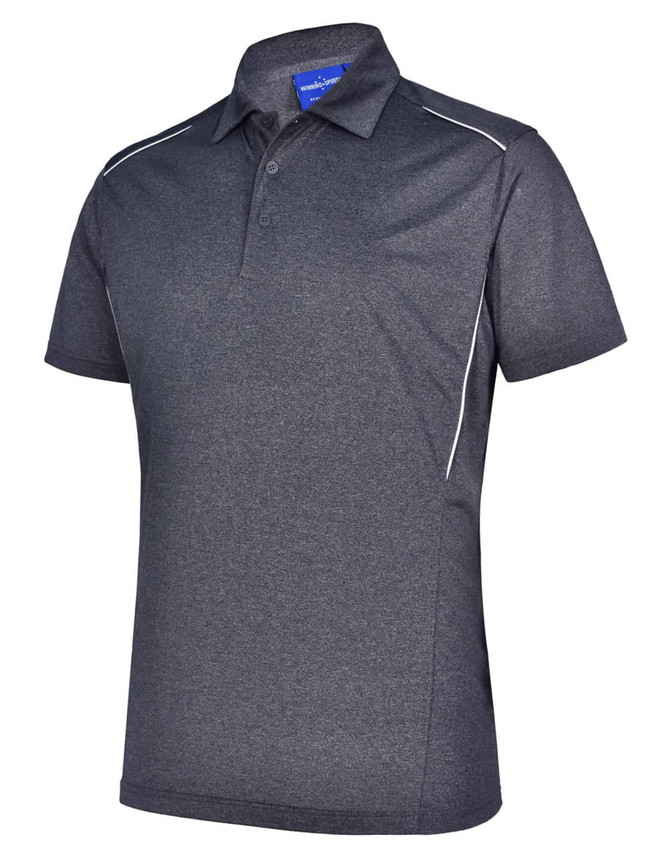 A dark grey short sleeve polo shirt with a subtle contrast piping and a logo on the chest.