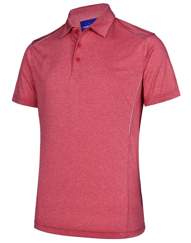 A red short sleeve polo shirt featuring a subtle texture and contrasting trim, with a collar and three buttons.
