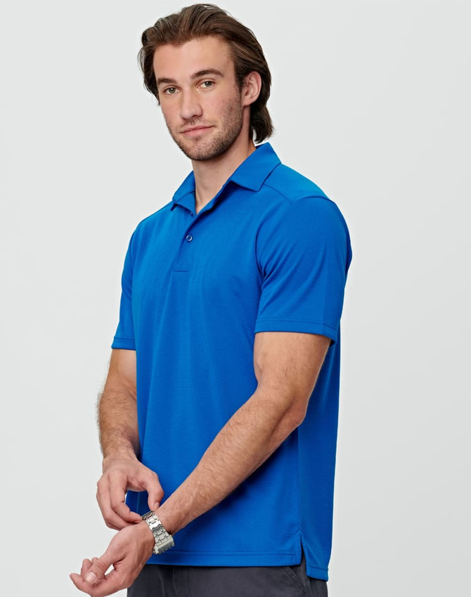 A blue men's short-sleeve polo shirt made from bamboo charcoal fabric, featuring a collar and a logo.