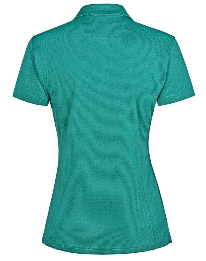 A teal ladies' polo shirt with a fitted design and a collar, featuring a logo on the side.