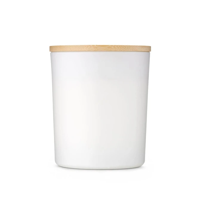 A white container with a wooden lid, featuring a smooth finish and cylindrical shape.