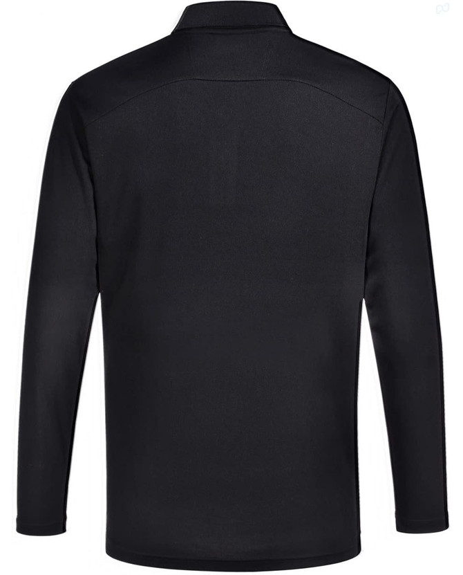 A long-sleeve polo shirt in black with a collar and a logo on the chest.