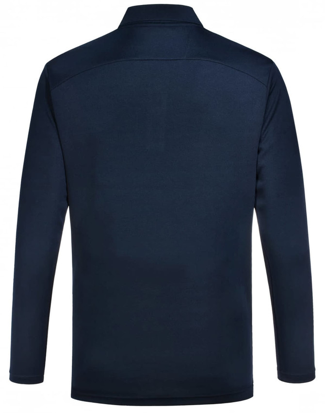 A navy long-sleeve polo shirt with a collar, featuring a logo on the chest.