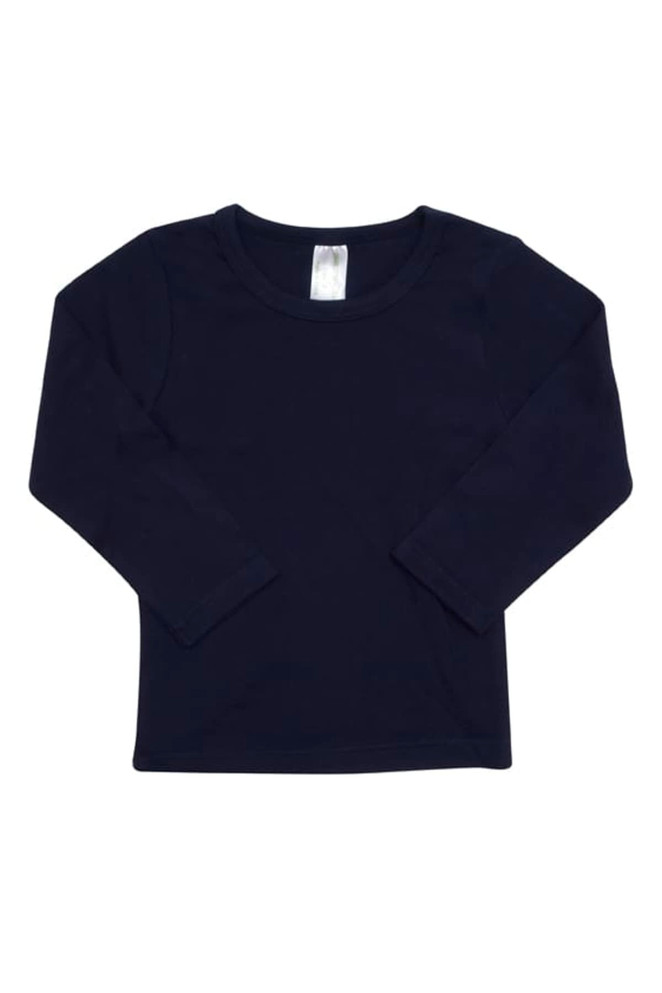 A long-sleeve t-shirt for babies in navy blue, featuring a round neckline and a label inside.