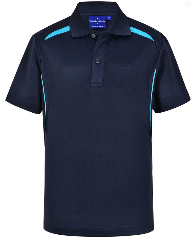 A dark navy polo shirt with contrasting turquoise stripes and a collar, featuring a branding logo.