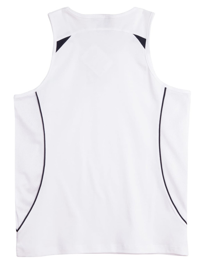 A white men's singlet with black accents and a logo. It features a sporty design and breathable fabric.