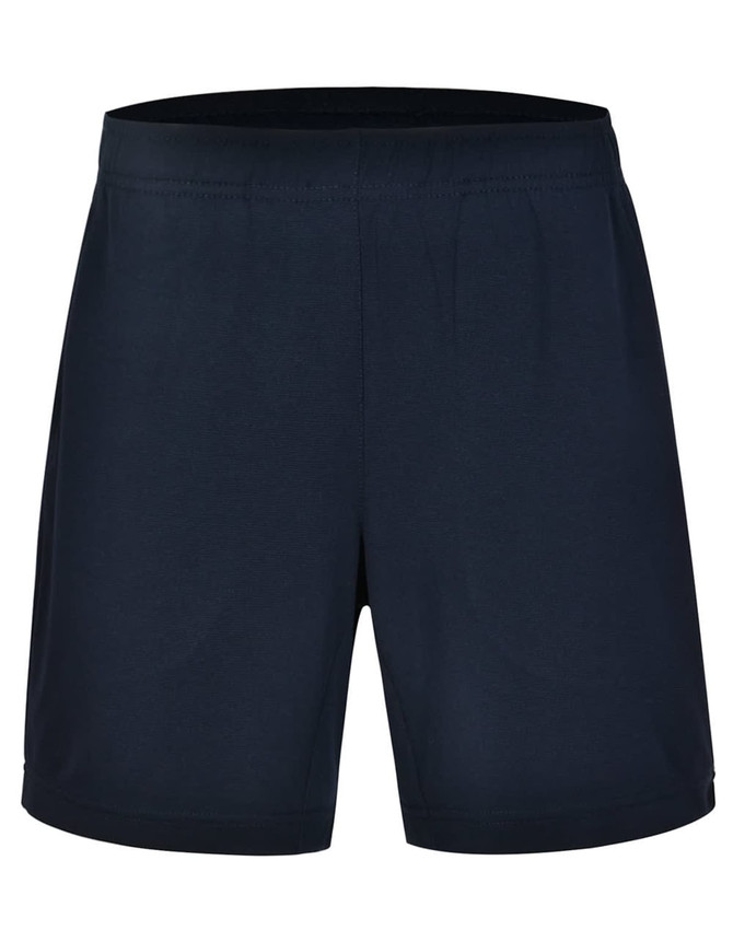 Bamboo charcoal sports shorts in navy blue with an elastic waistband and a logo detail. Ideal for athletic activities.