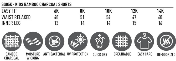 Kids' Bamboo Charcoal Sports Shorts in charcoal grey, featuring a logo and details on fit and size options.
