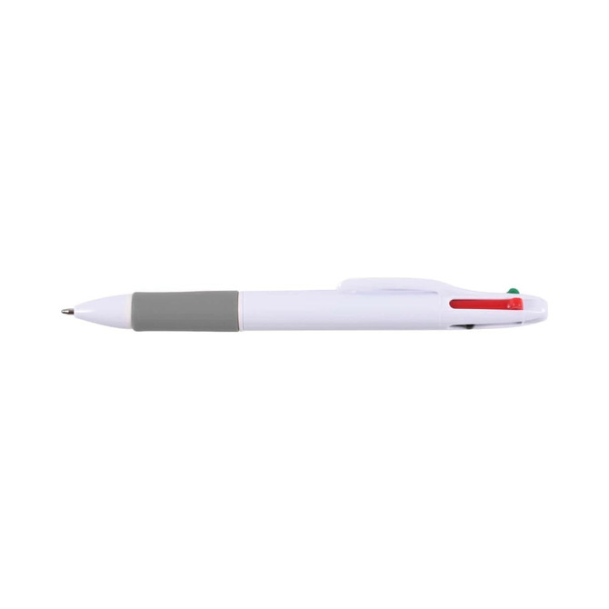 A plastic pen featuring four colors—red, blue, green, and black—within a white body and a gray grip.