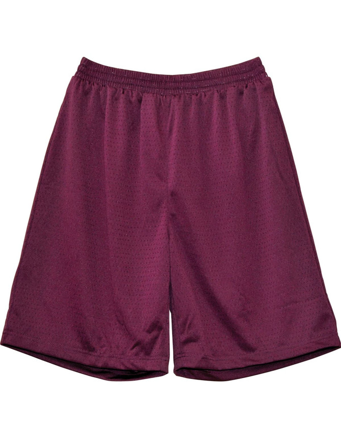 Maroon kid's basketball shorts featuring an elastic waistband, with a breathable fabric design and a logo.