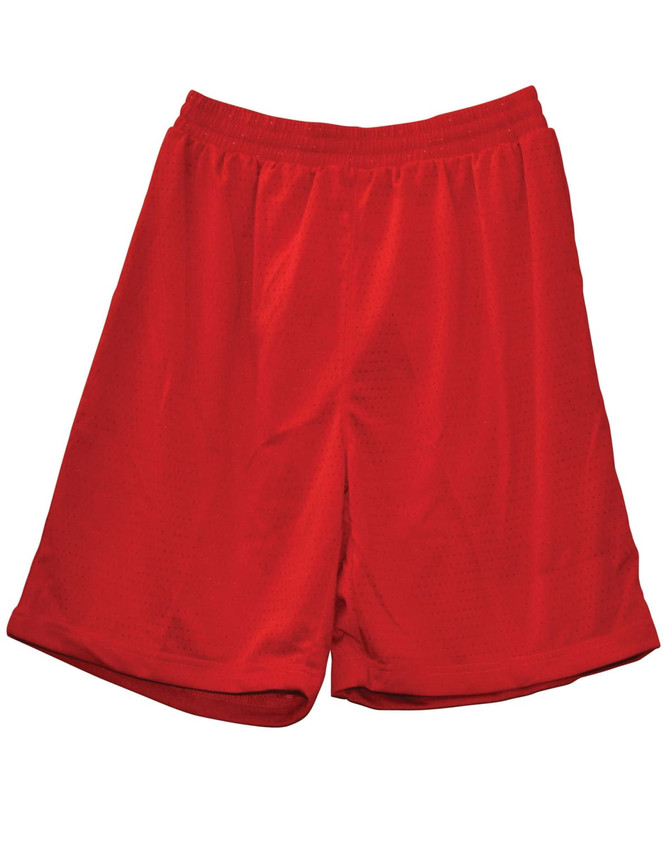 Red kid's basketball shorts featuring a lightweight, breathable fabric and an elastic waistband. Includes branding.