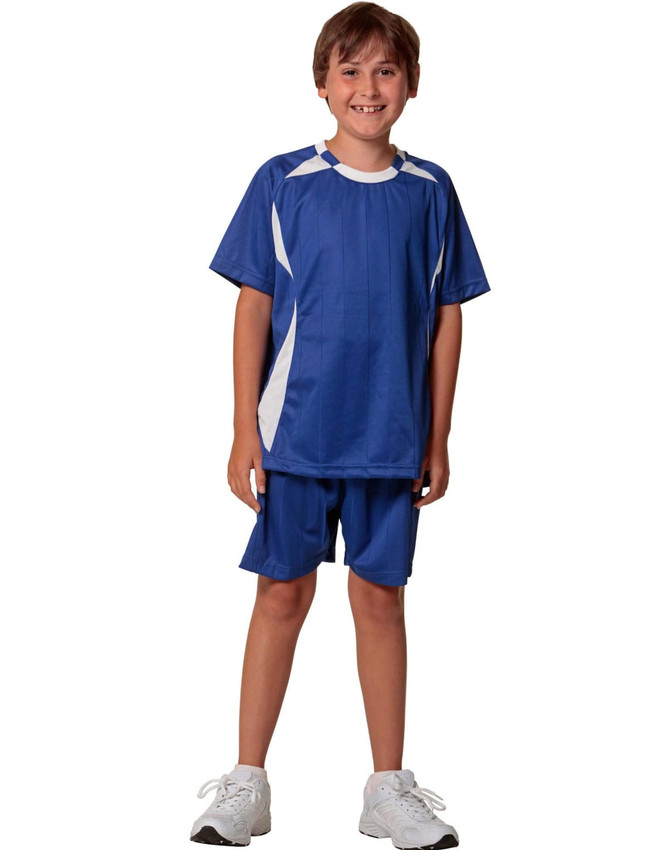 Blue kid's soccer shorts paired with a matching blue and white top, worn by a smiling child.