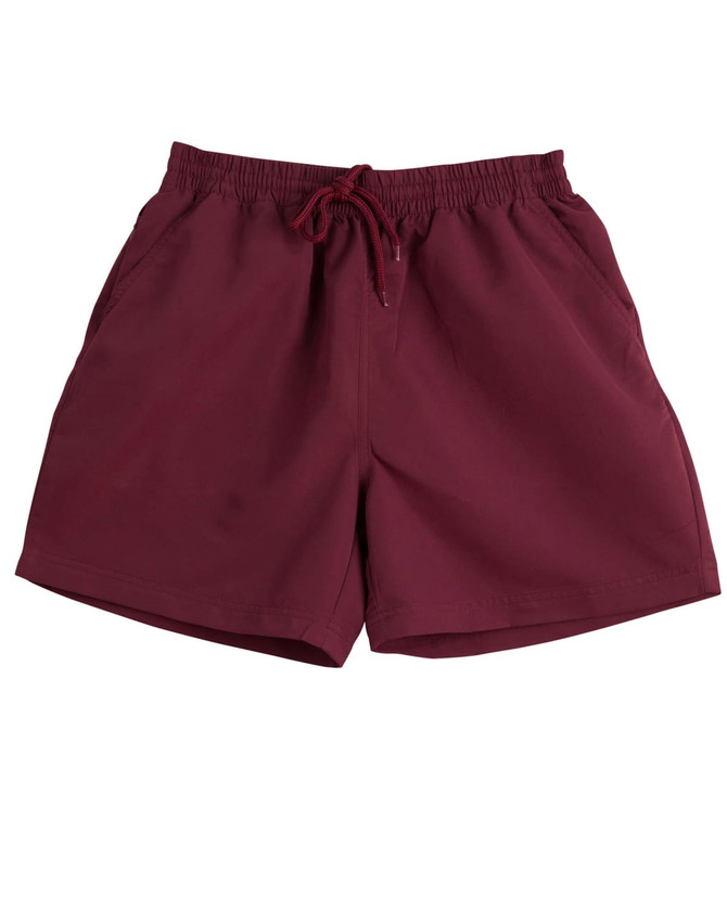 Burgundy microfibre sports shorts featuring an elasticated waistband and side pockets, with a logo.