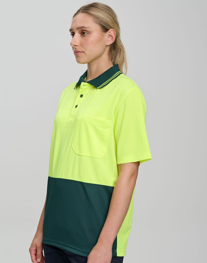 A high-visibility short-sleeve polo shirt in bright yellow and dark green, featuring a pocket and a logo.