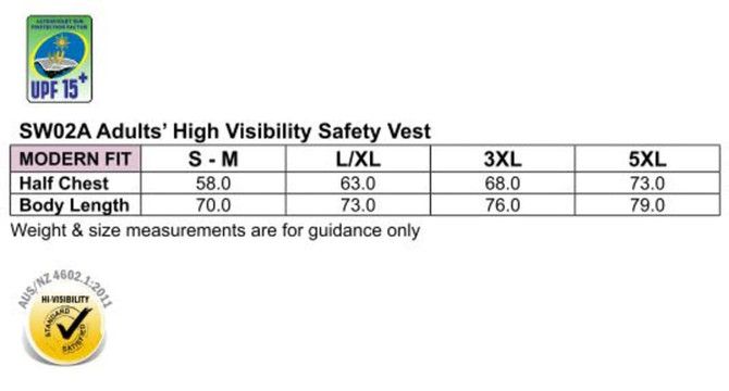 A high visibility safety vest in bright yellow with sizing information and a logo, designed for adult use.