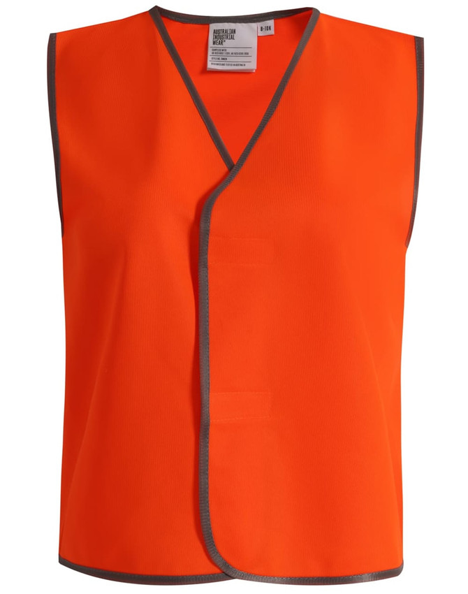 An orange Hi-Vis kid's safety vest with grey trim, featuring a logo on the inside. Suitable for safety wear.