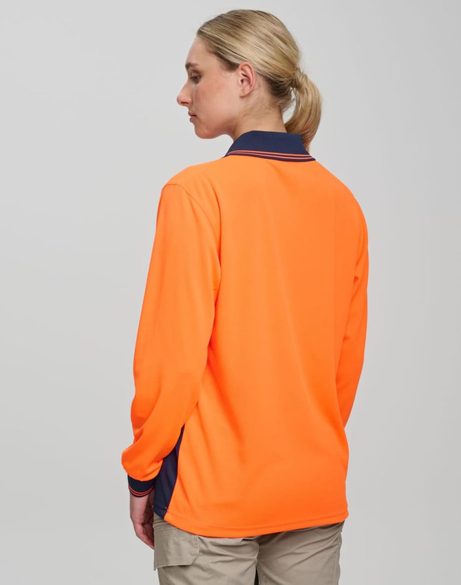 A long-sleeve safety polo shirt in high-visibility orange with a navy collar, featuring a logo.