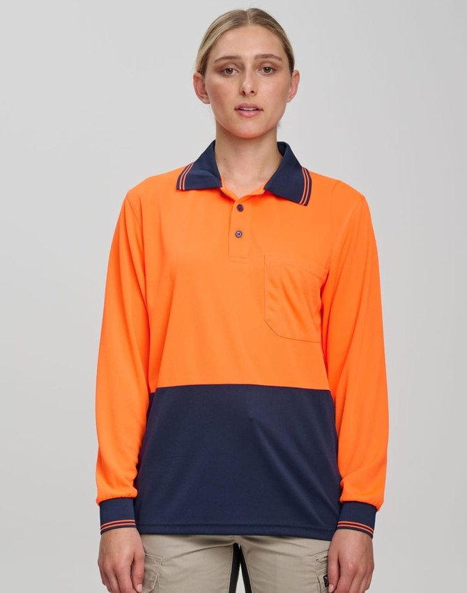 A long-sleeve work polo shirt in bright orange and navy blue with a pocket and a logo on the chest.