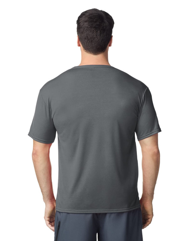 A grey adult performance t-shirt featuring a logo, showcasing a back view and short sleeves.