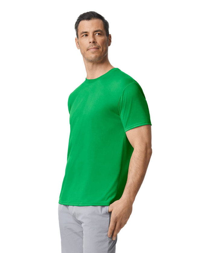 A green adult t-shirt on a model, featuring a crew neck and short sleeves, with a logo on the sleeve.