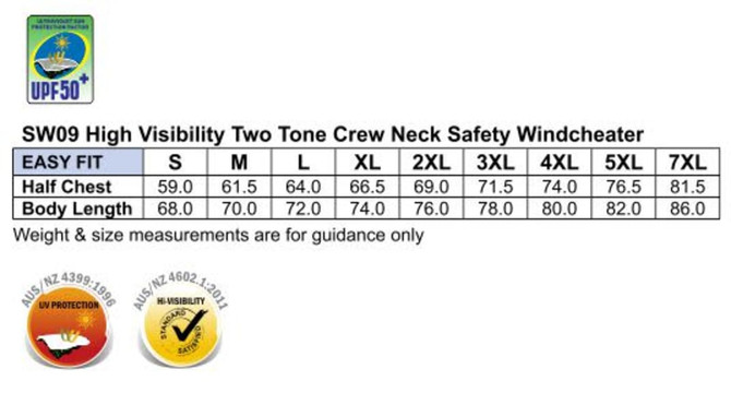 A chart displaying size measurements for a Hi-Vis two-tone safety windcheater in various sizes.