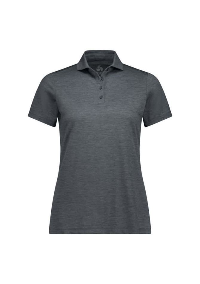 A women's short sleeve polo in a dark grey shade, featuring a collared neckline and button placket. It has a logo.