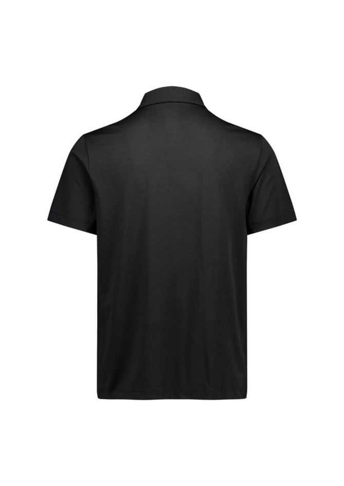 A black short sleeve polo shirt featuring a collar and a logo on the side. The back view is displayed.