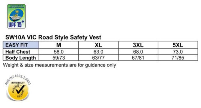 A Hi-Vis Vic Road safety vest in bright orange with a reflective strip and a logo. It is available in various sizes.