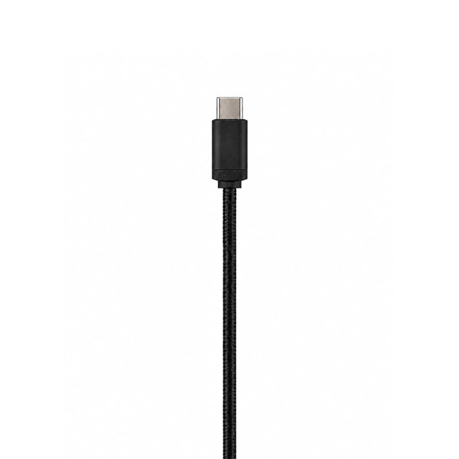 A black charging cable with a USB-C connector, featuring a durable braided design and a logo on the connector.