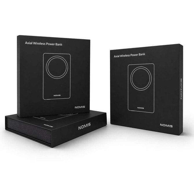A black power bank packaging featuring a minimalist design with a logo, showcasing a wireless power bank inside.