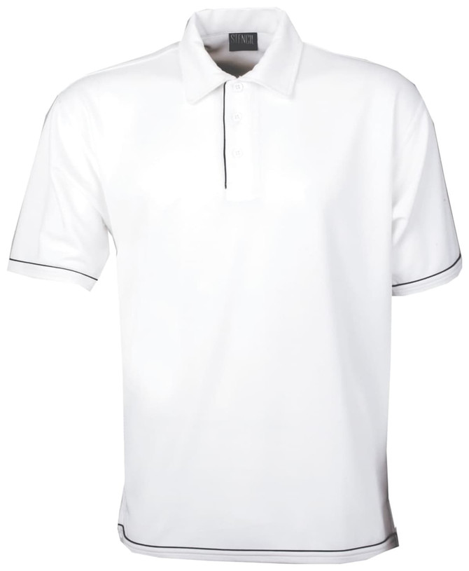 White polo shirt with short sleeves and contrasting trim, featuring a collar and a logo.